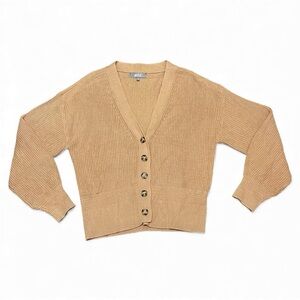 Women's Crochet Knit Cardigan Sweater L Tan Neutral Boho Coastal Minimalist